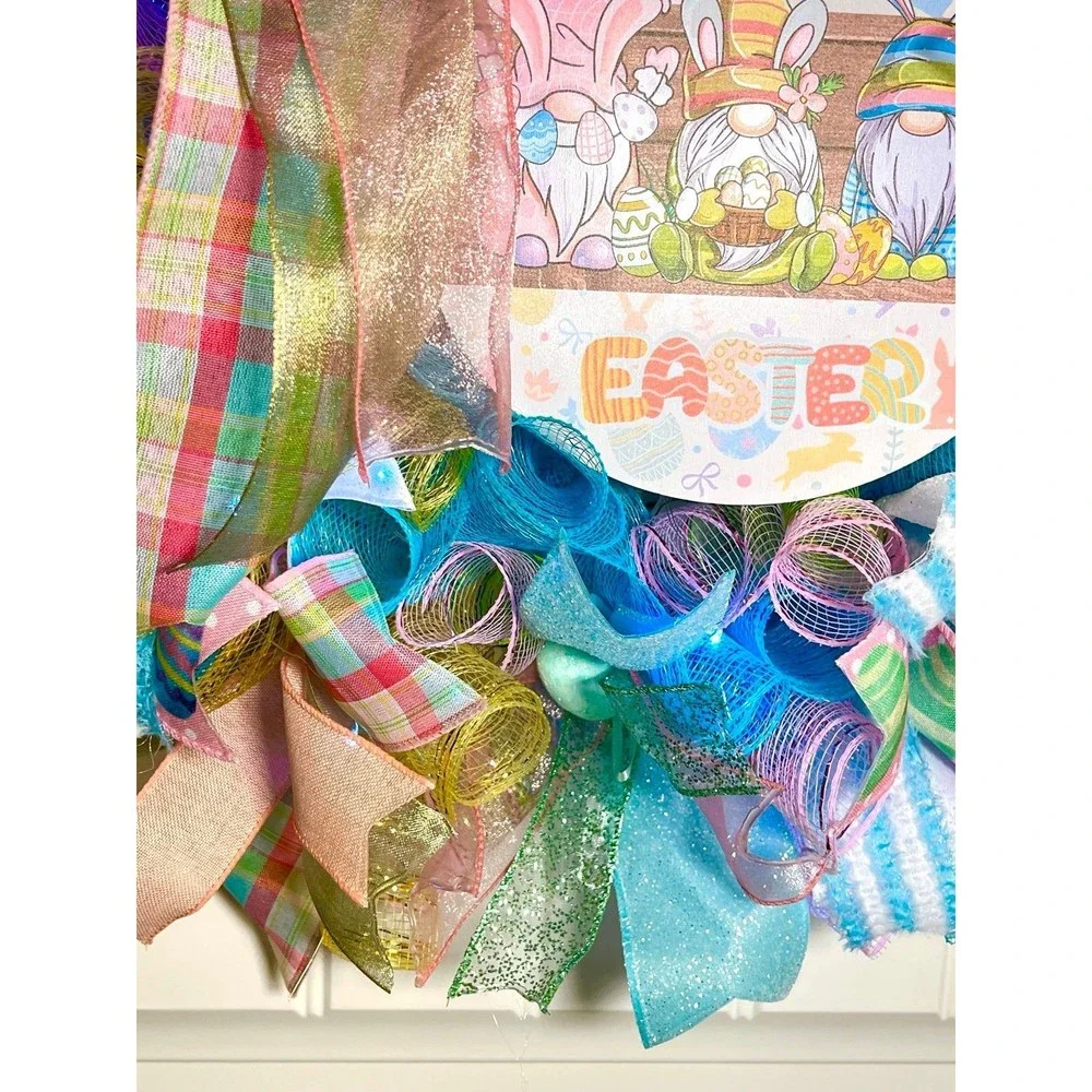 Handmade Easter Bunny Gnome Prelit Ribbon Wreath 22 in LED W10
